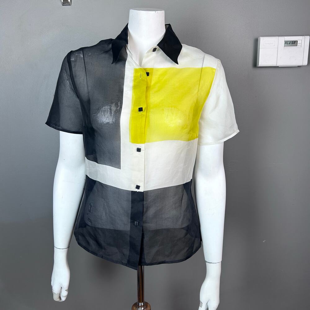 Exte top women's Medium Silk‎ button up color block sheer Italy Designer y2k